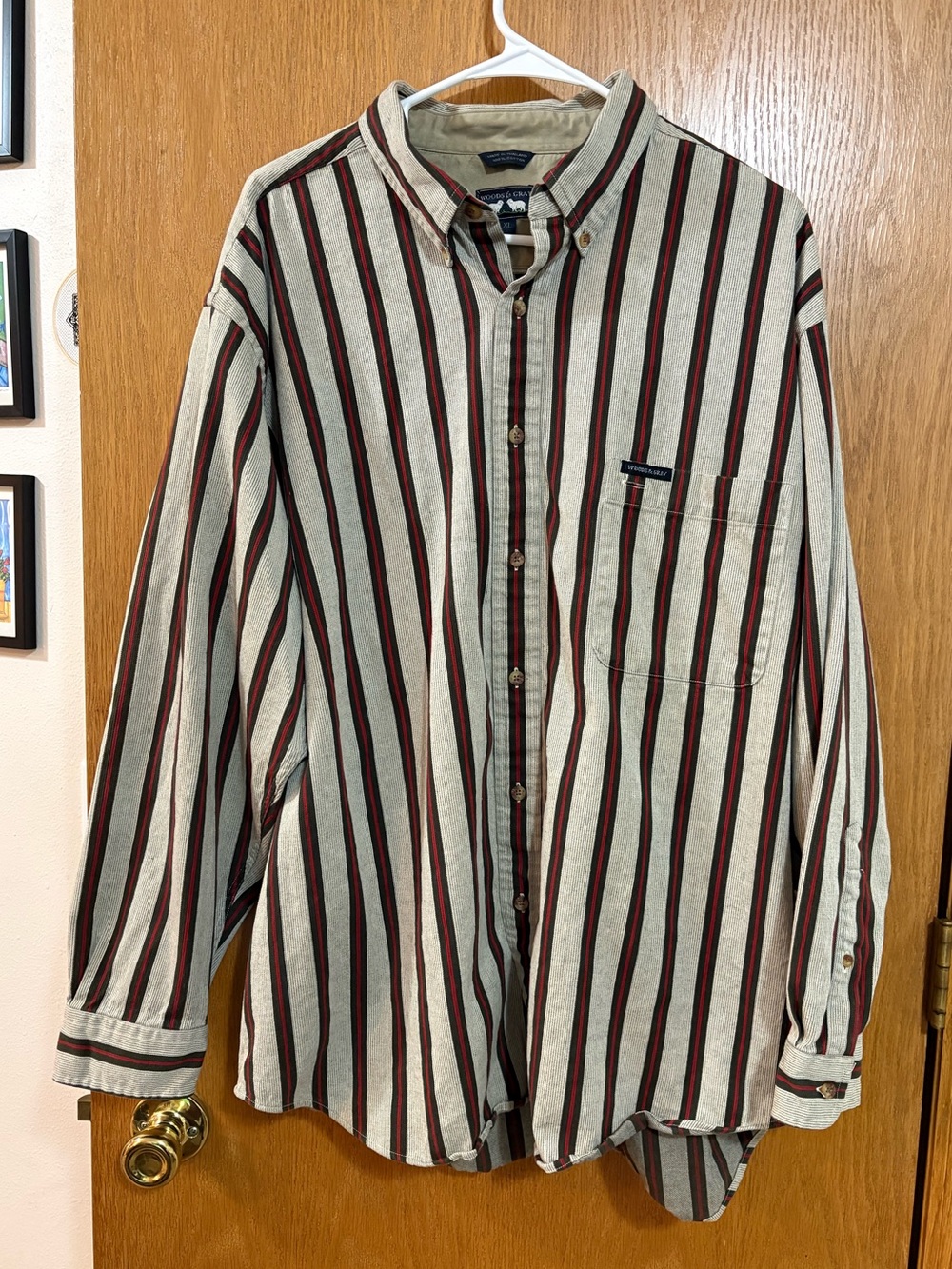 Vintage Classic Stripe Button-Down Shirt - Beige with Red & Dark Green Stripes